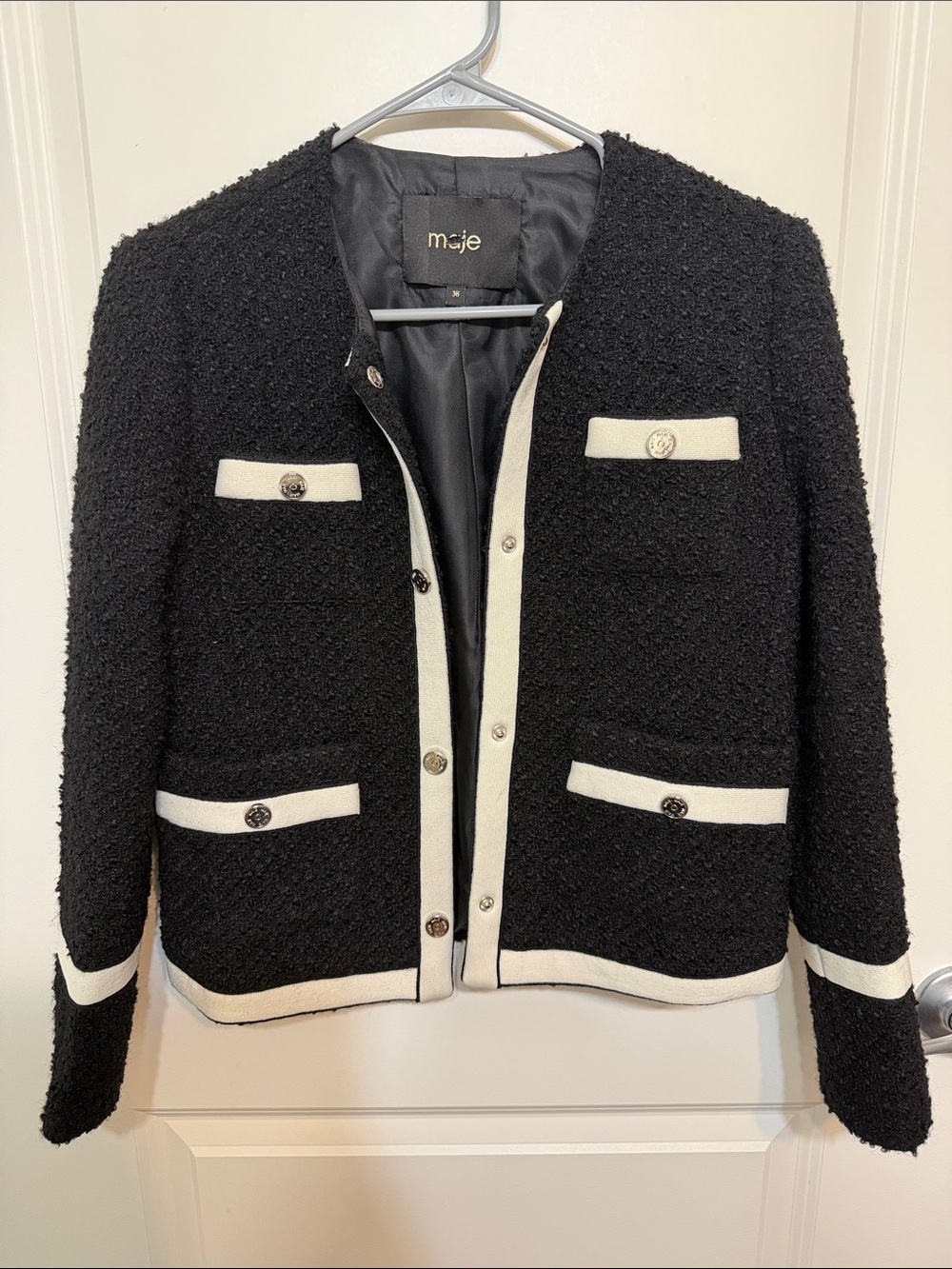 Maje Black Tweed Collarless Jacket with White Trim